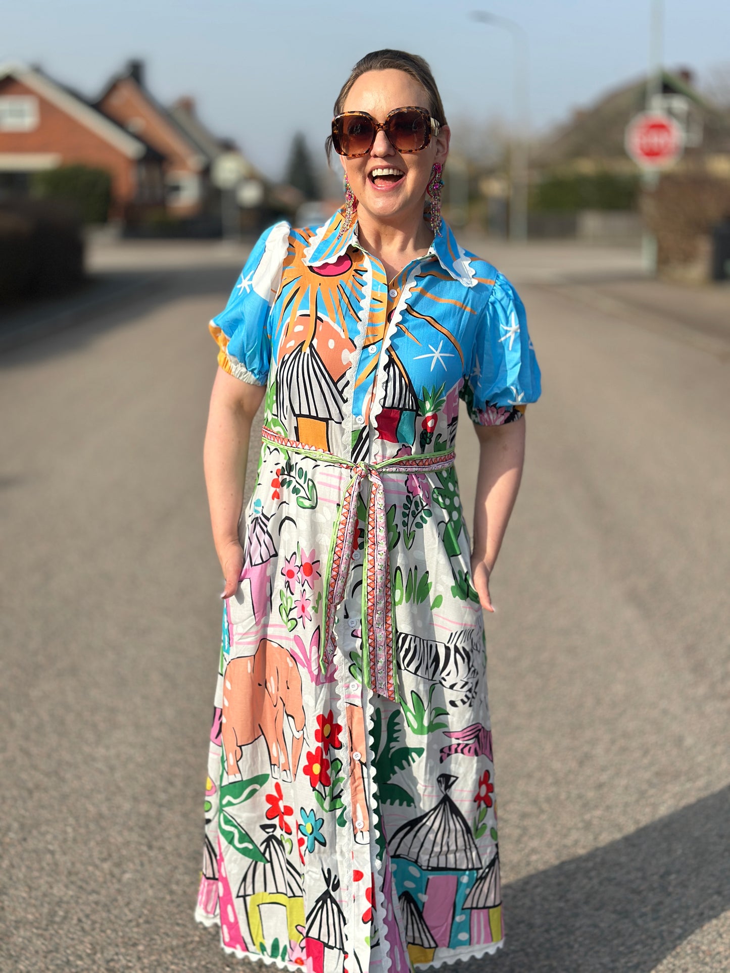 Klänning ”Felicia” med puffärm och fickor - Multicolour