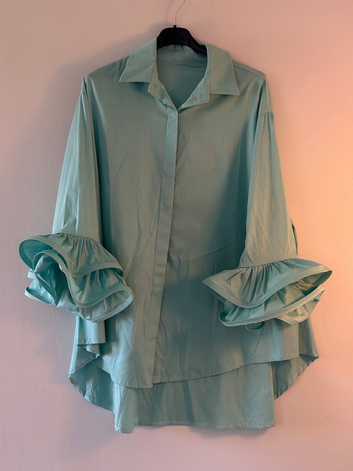 Plus Size, Skjorta med volangärmar - Turkos