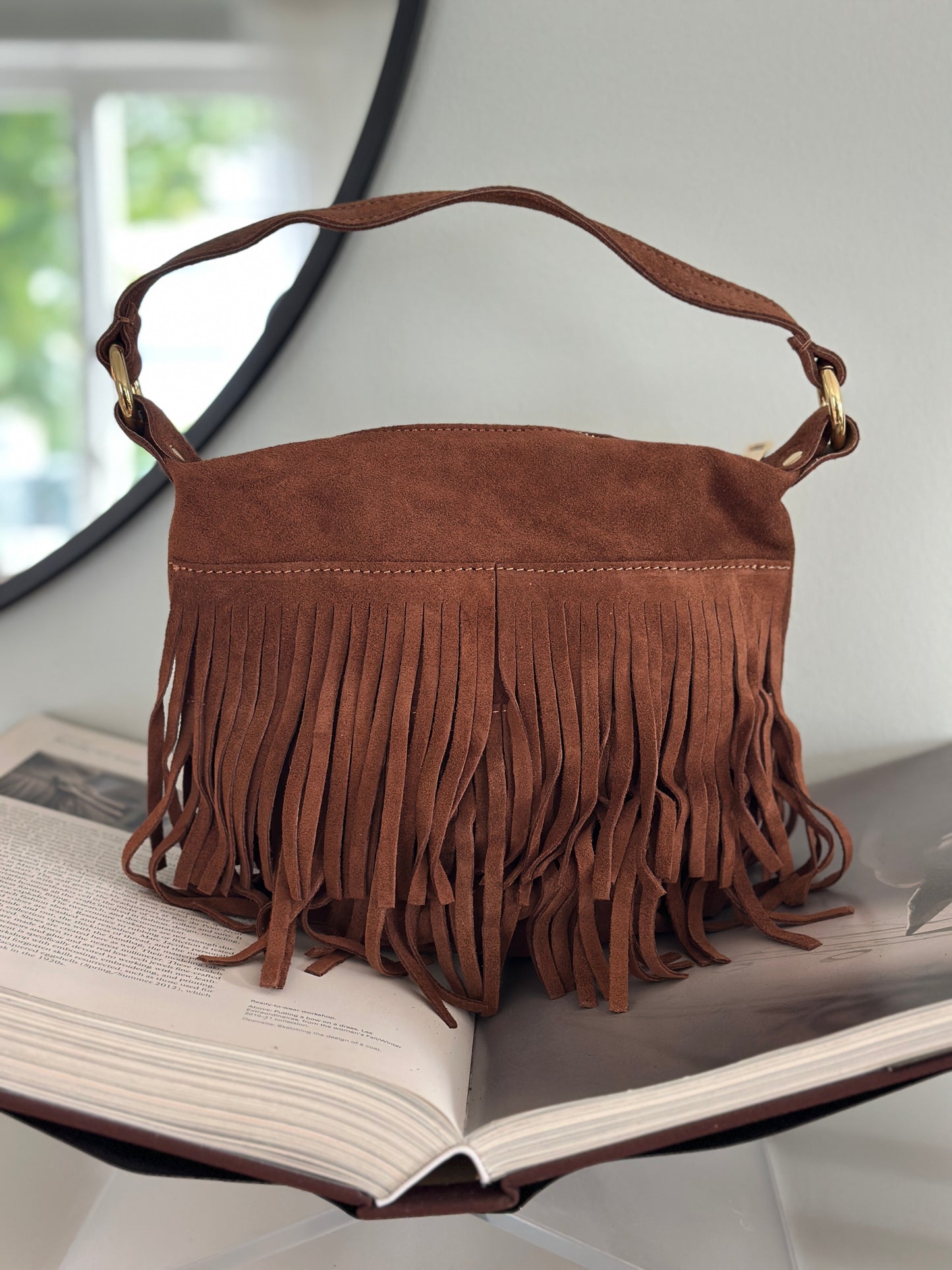 Läderväska ”Peg” med fransar - Brun/Taupe/Camel