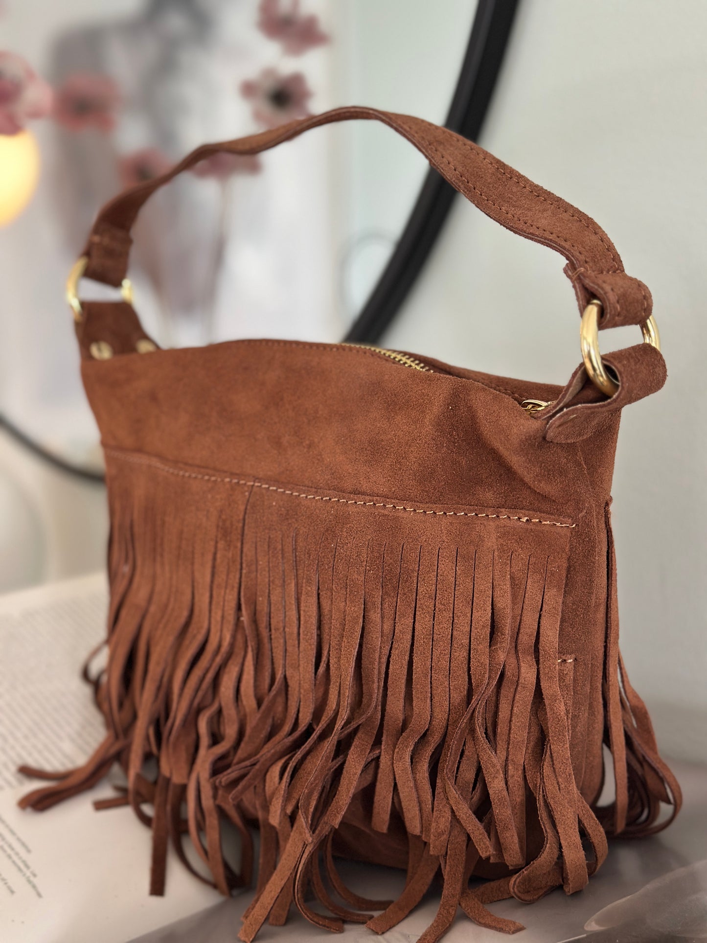 Läderväska ”Peg” med fransar - Brun/Taupe/Camel