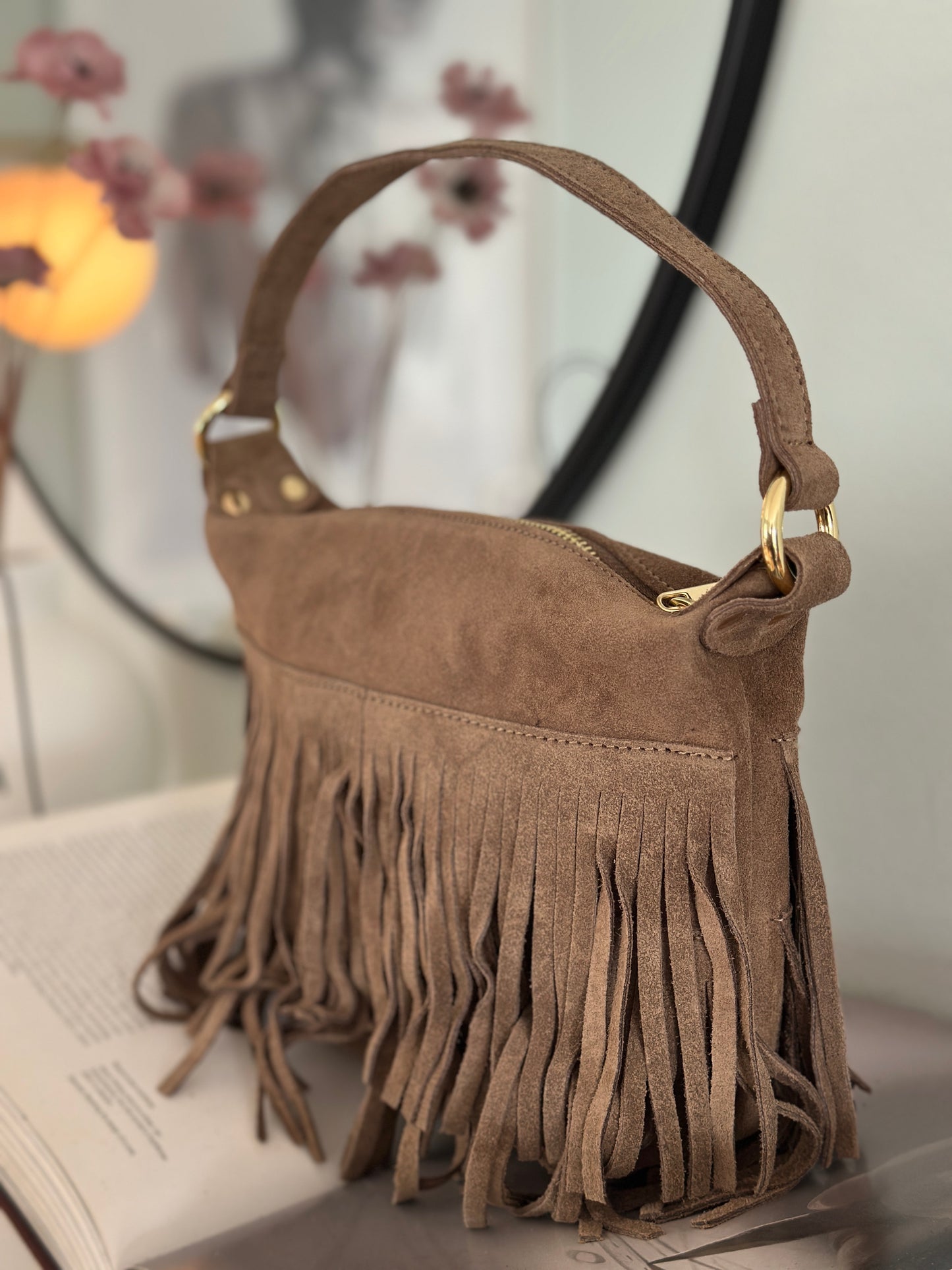 Läderväska ”Peg” med fransar - Brun/Taupe/Camel