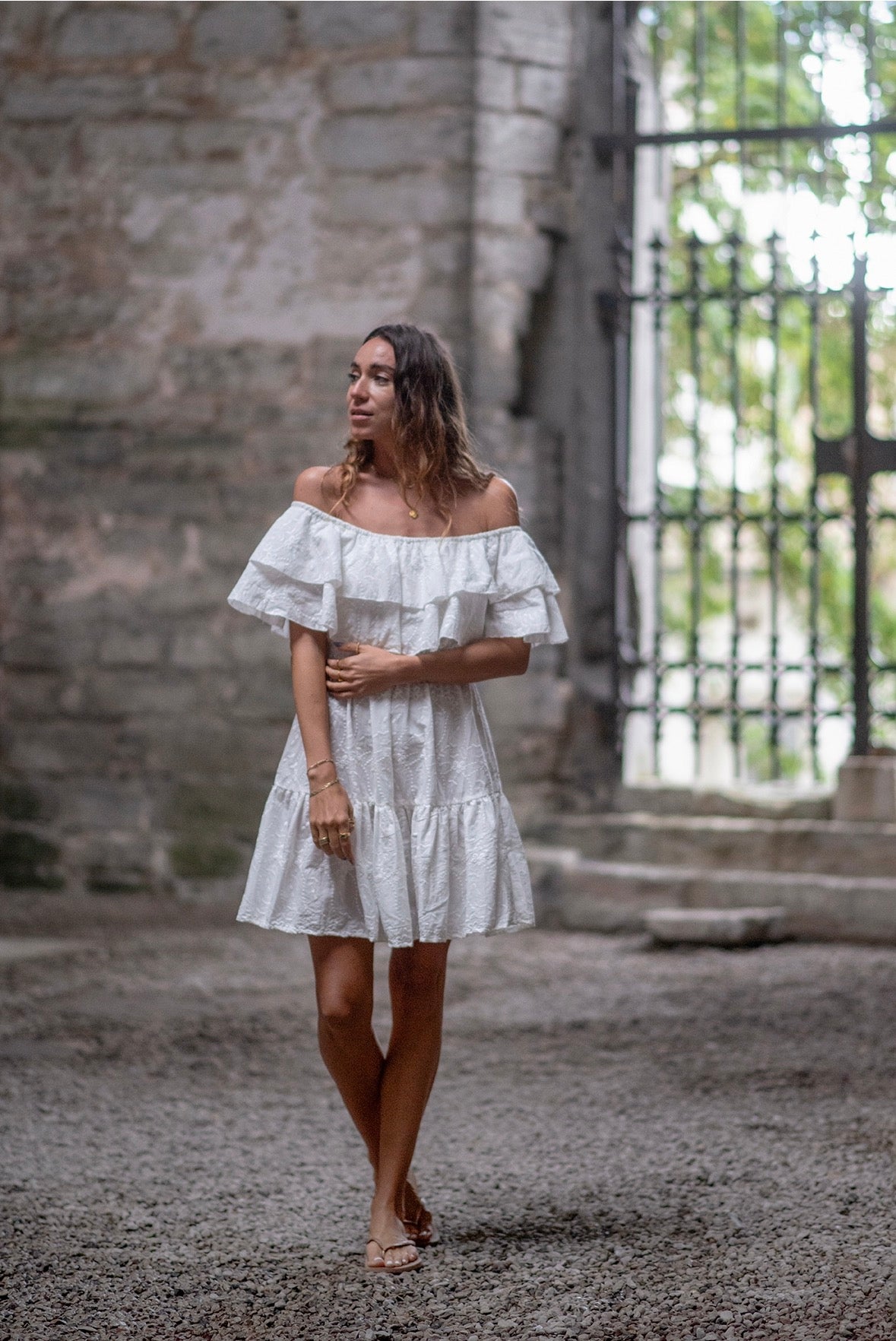 Coconut Milk, Short Bamboo Dress - White Embroidery