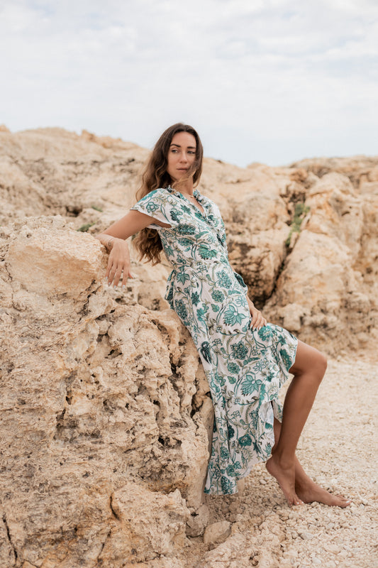 Coconut Milk, Long Wrap Dress - Tulip Green