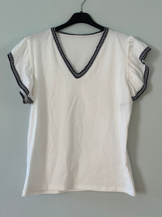 T-Shirt vit med volangärm - Blå/Beige