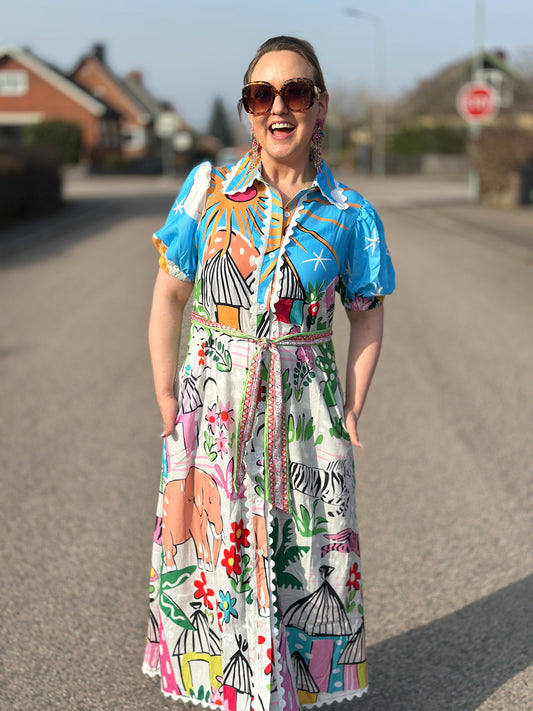 Klänning ”Felicia” med puffärm och fickor - Multicolour