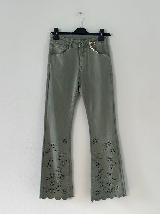 Jeans med broderi nertill - Kaki