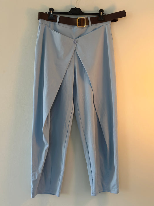 Plus Size, Byxor med skärp och knapp framtill - Ljusblå/Mörkblå