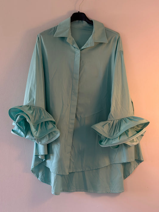 Plus Size, Skjorta med volangärmar - Turkos