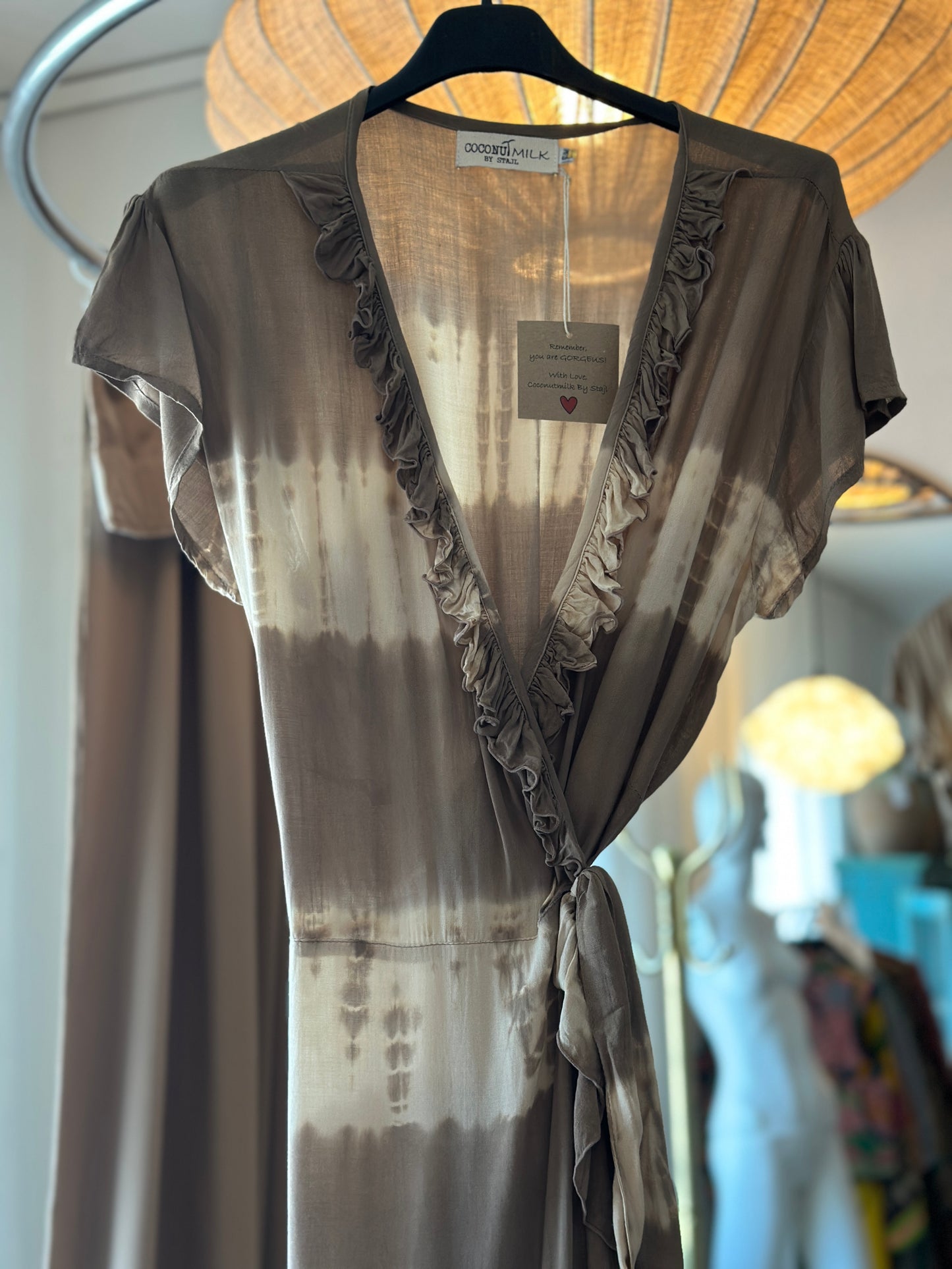 Coconut Milk, Long Wrap dress - Taupe/White