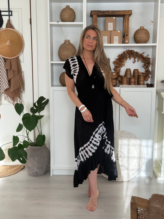 Coconut Milk, Long Wrap Dress - Tie Dye Black/White
