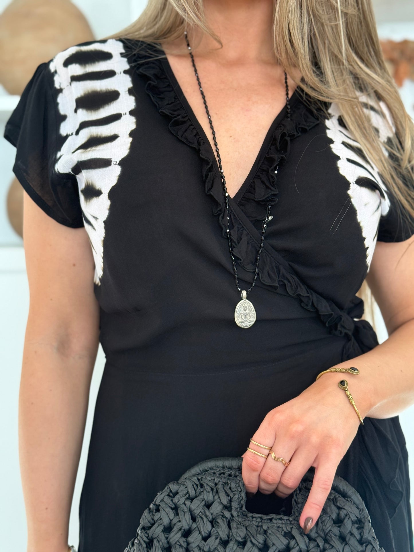 Coconut Milk, Long Wrap Dress - Tie Dye Black/White