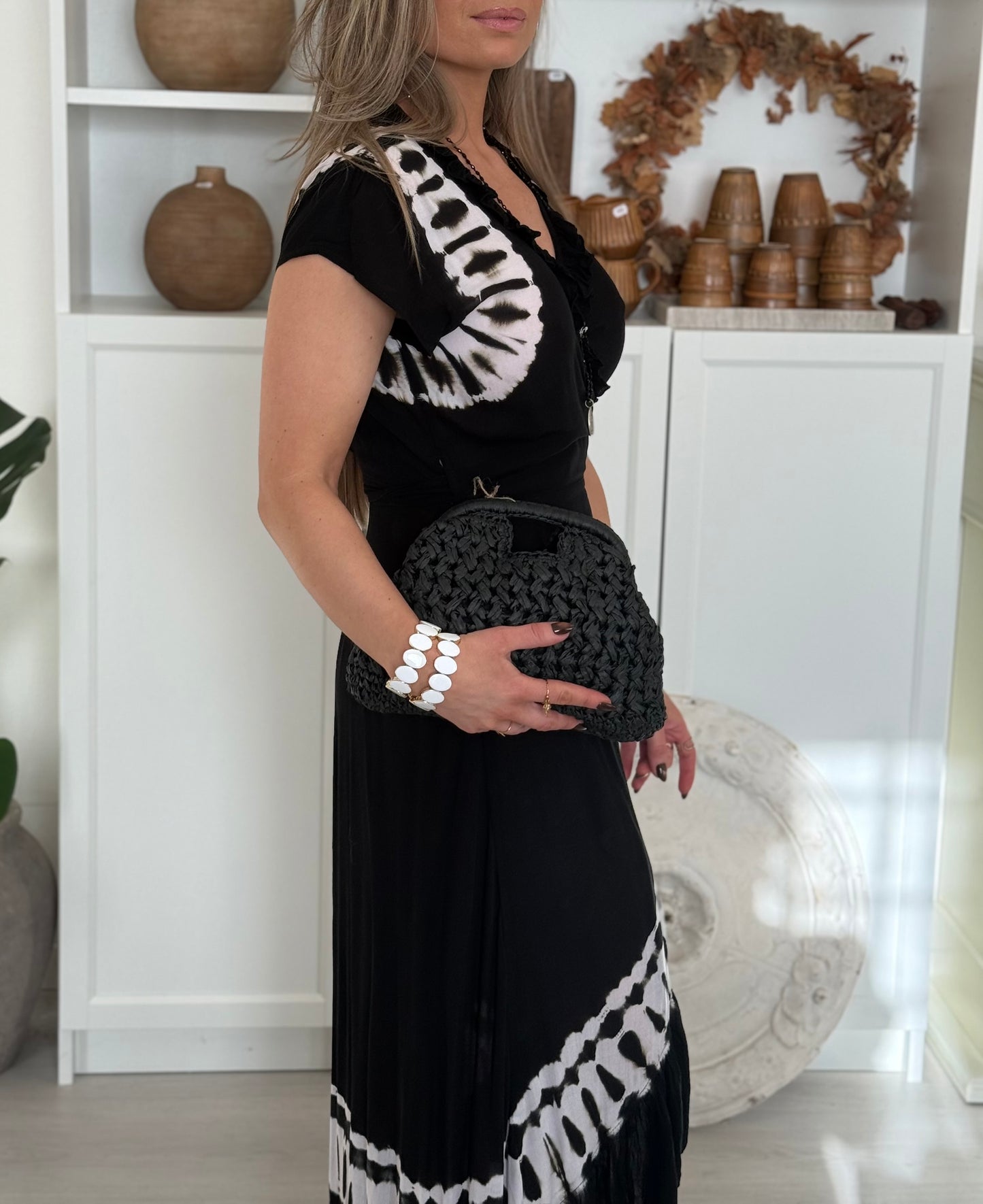 Coconut Milk, Long Wrap Dress - Tie Dye Black/White