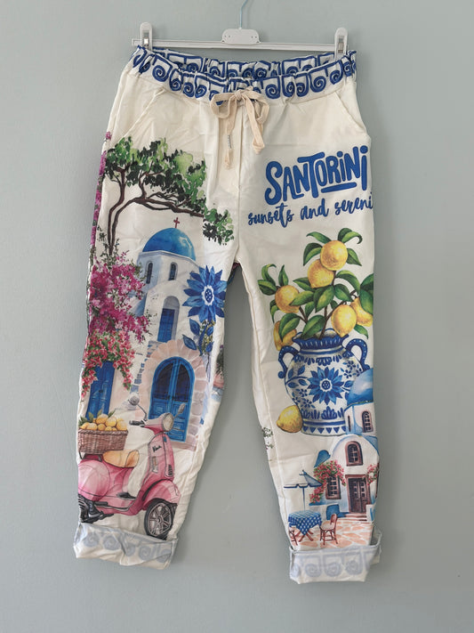 Favoritbyxan med motiv av Santorini - Multicolour med vit botten