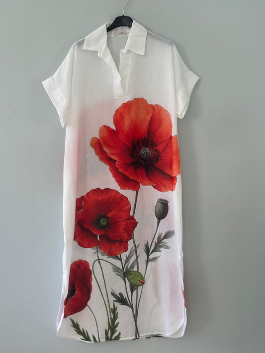 Klänning ”Vallmo” - Röda blommor och vit botten