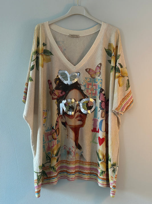 T-shirt ”Love” med citroner - Multicolour