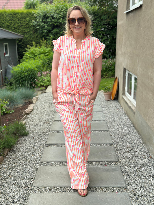 Hjärtmönstrade byxor med resår och fickor - Orange