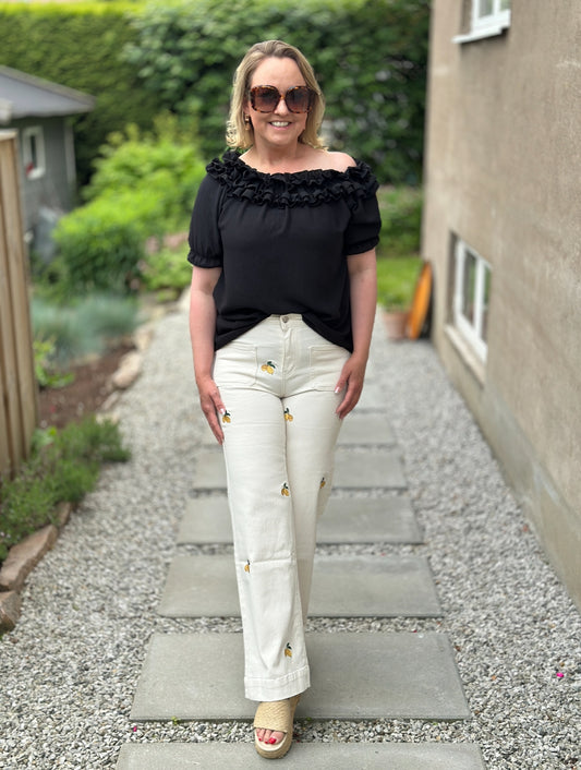 Vida jeans med citroner och fickor framtill - Beige