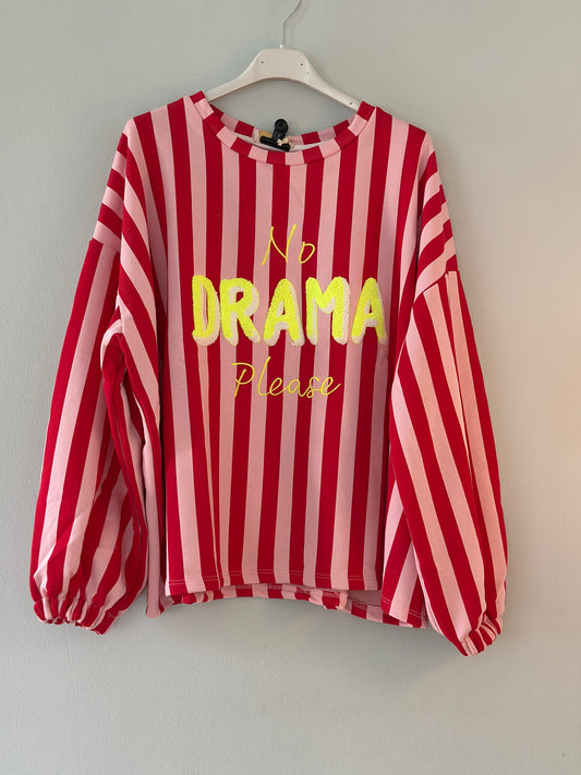 Sweatshirt med texten ”No Drama Please” - Röd/Rosa randig
