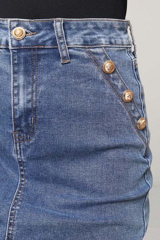Jeanskjol med guldknappar på fickorna - Jeansblå