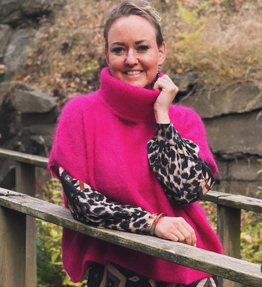 Ärmlös halvpolo i mohair - Cerise/Navy