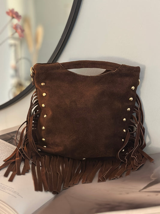 Läderväska med fransar och nitar - Brun