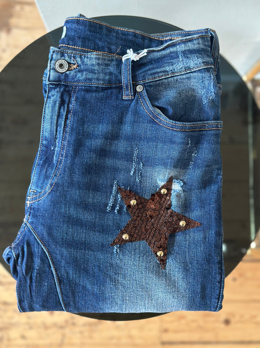 Jeans ”patchwork” med paljettstjärnor - mörk denim