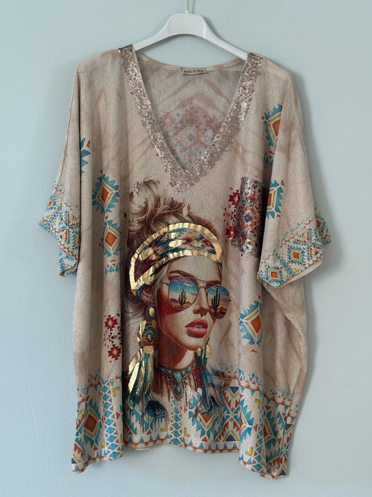 T-shirt ”Sandra” med drömfångare - Beige