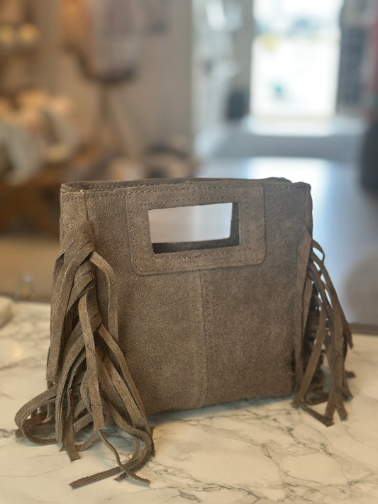 Läderväska ”mini” med fransar - Brun/Svart/Beige