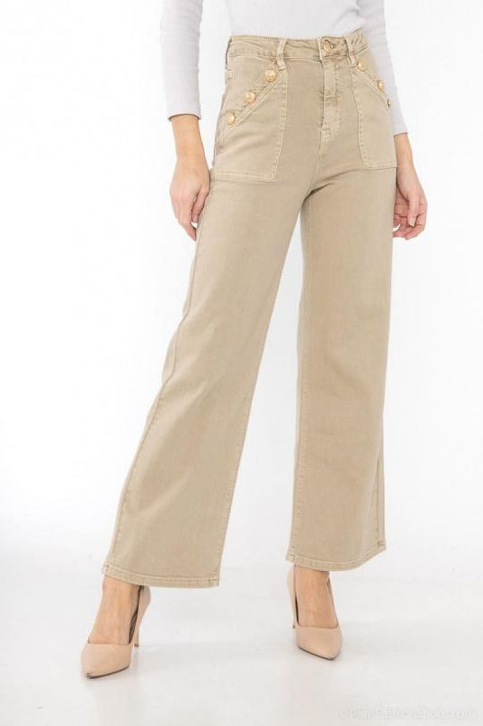 Snygga jeans med guldknappar på fickorna - Beige