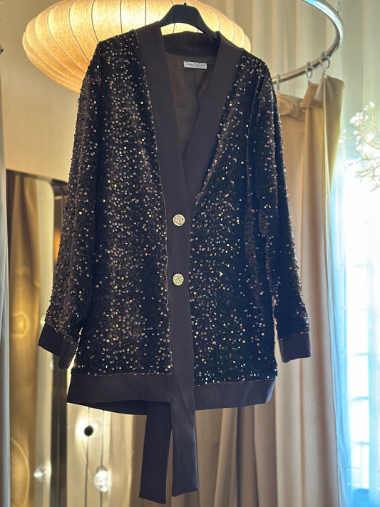 Paljettkavaj med guldknappar och knyte nertill - Brun