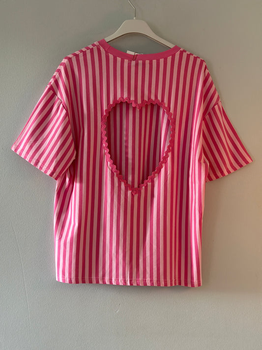 Randig T-shirt med ett hjärta på ryggen - Rosa