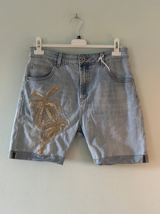 Jeansshorts med pärlade palmer - Ljus denim