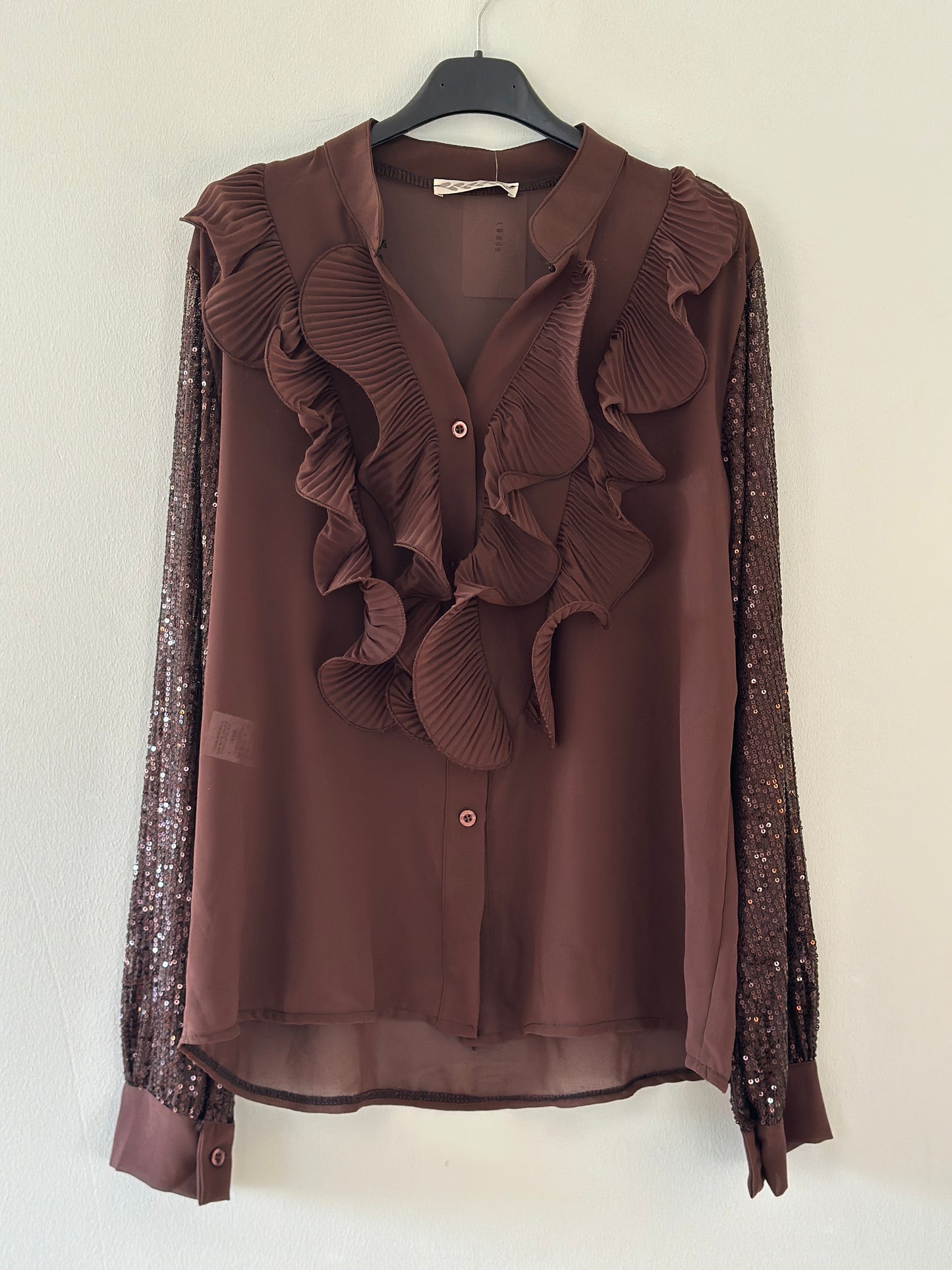 Kråsblus med paljettärmar - Svart/Brun/Burgundi