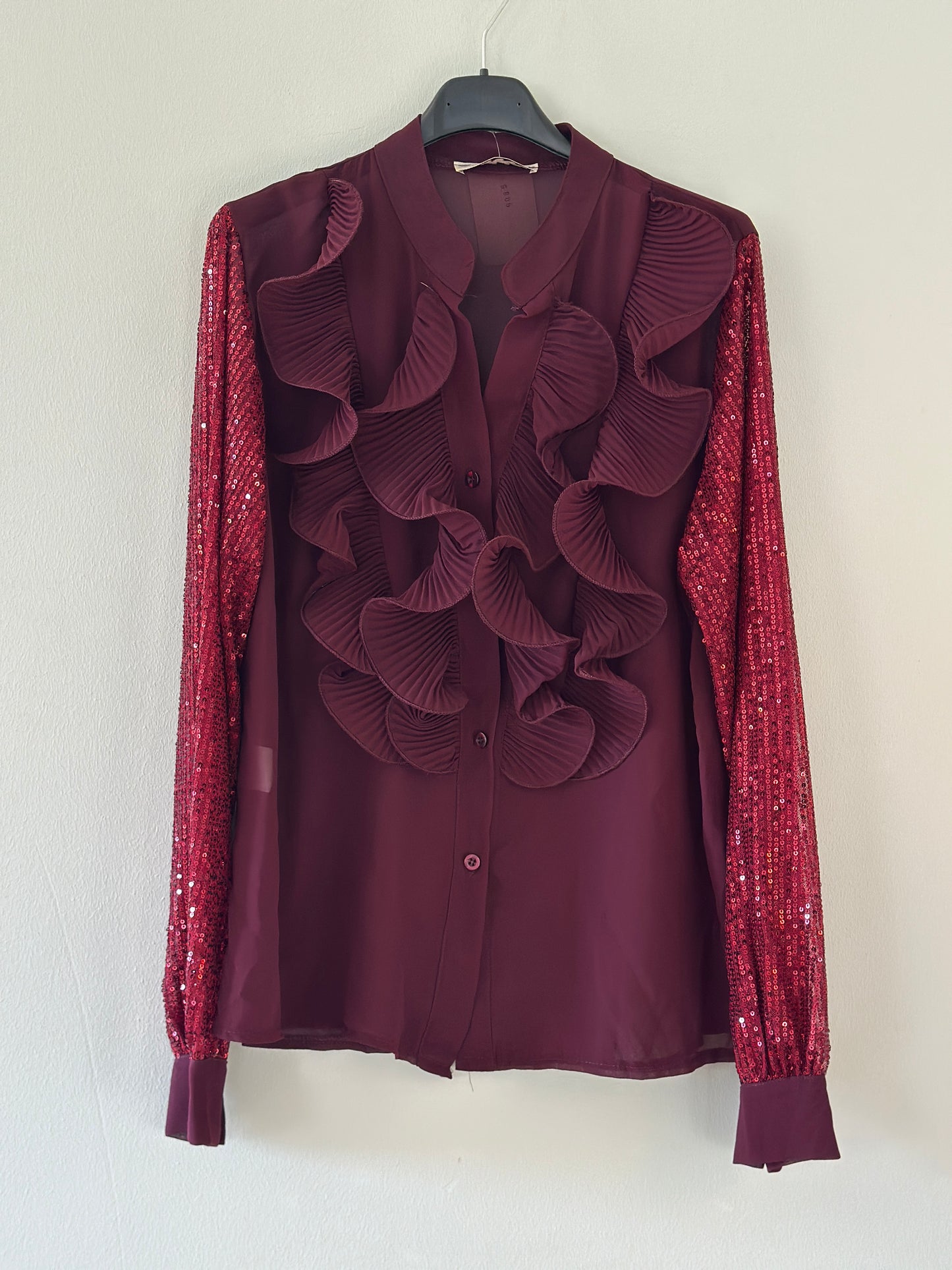 Kråsblus med paljettärmar - Svart/Brun/Burgundi