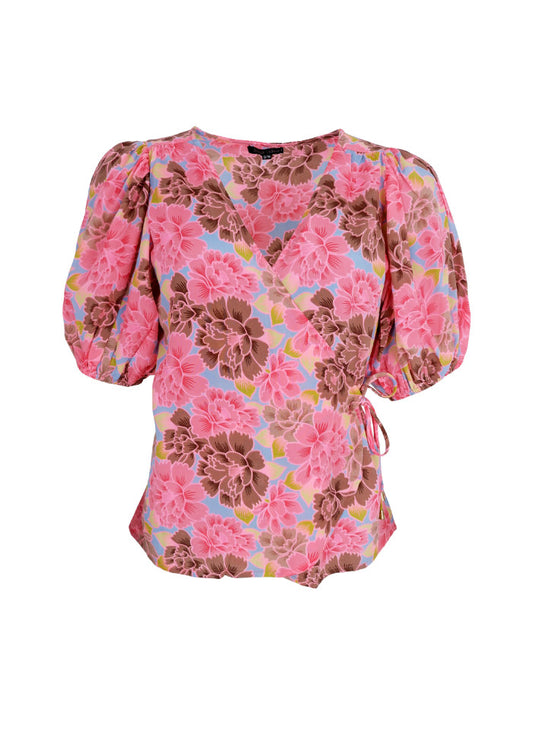 Black Colour, BCLUNA puff sleeve wrap blouse- Blossom Candy