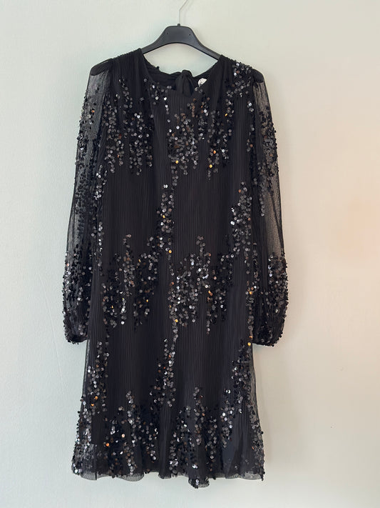 Klänning med paljetter och ballongärm - Svart/Beige