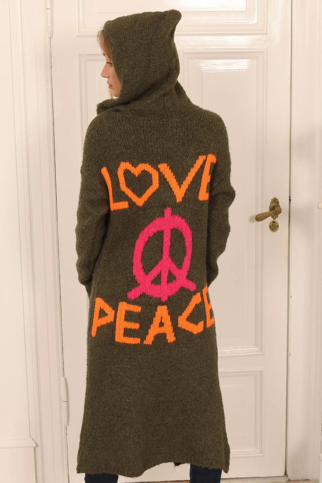 Långkofta med huva och texten ” Love - Peace” - Beige/Jeans/Army/Offwhite