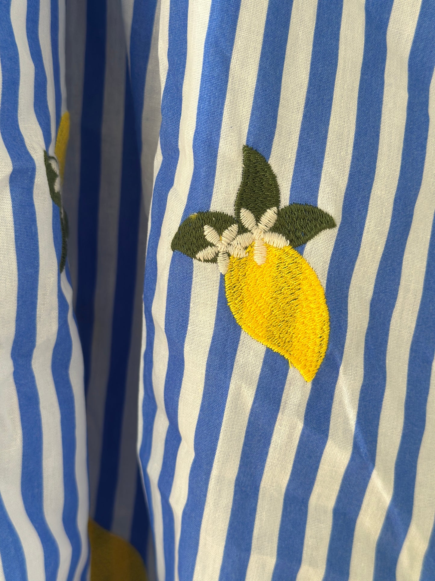 Randig kjol med broderade citroner - blå-vit randig