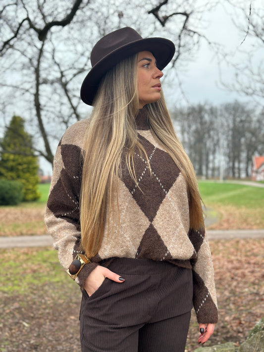 Stickad tröja med halvkrage - Brun/Beige