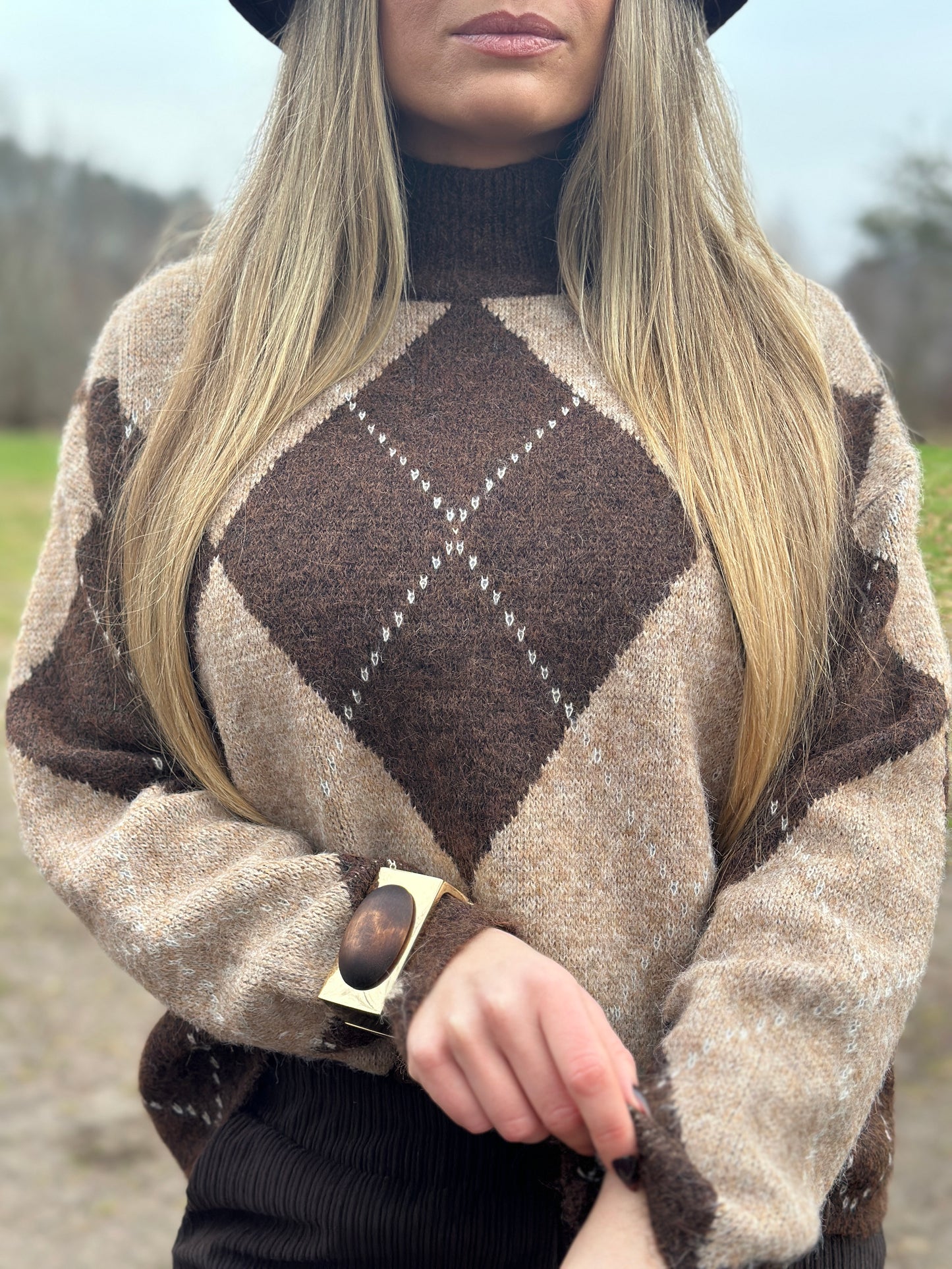 Stickad tröja med halvkrage - Brun/Beige