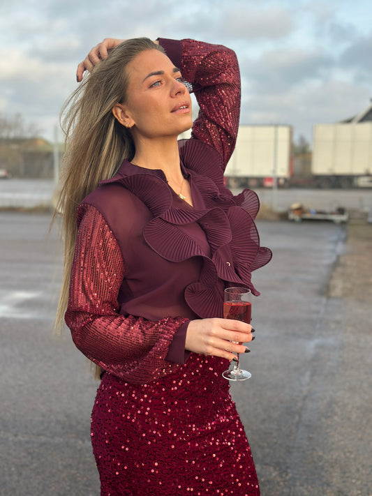Kråsblus med paljettärmar - Burgundi