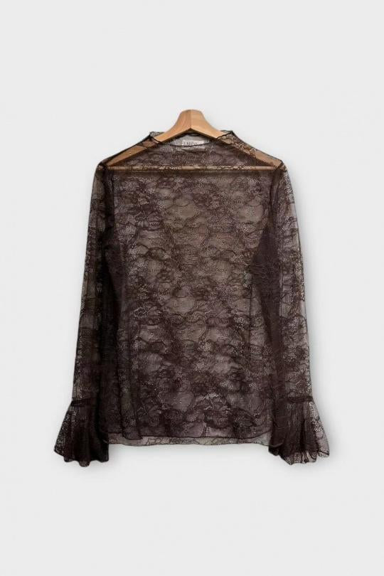 Mesh Top med trumpetärm - Brun/Burgundy
