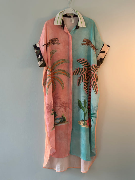 Skjortklänning ”Palm” med knappar hela vägen och halvlång ärm - Multicolour