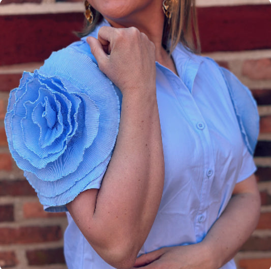 Blus med blomma, kort ärm - Ljusblå/Vit/Svart