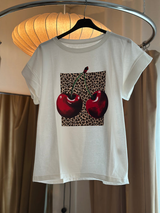 T-shirt med körsbär och leomönster - Vit