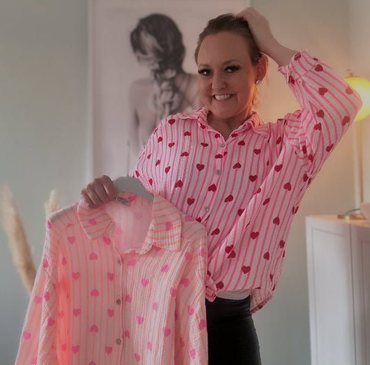 Bomullsblus med hjärtan - Neonrosa/Neonorange