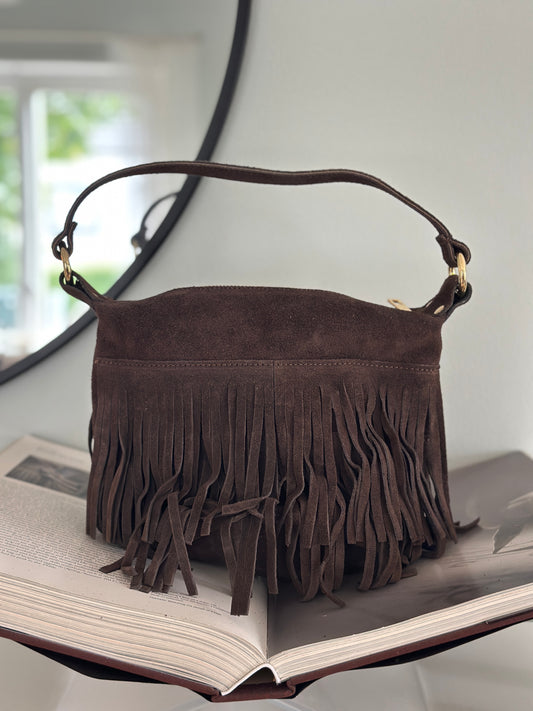 Läderväska ”Peg” med fransar - Brun/Taupe/Camel