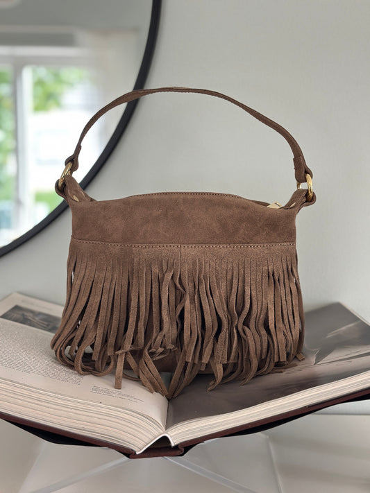 Läderväska ”Peg” med fransar - Brun/Taupe/Camel