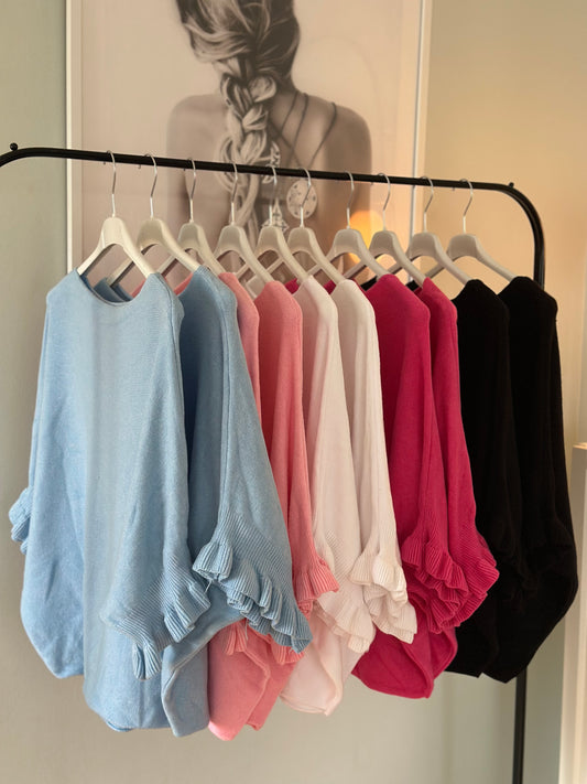 Tröja med volangärm - Ljusblå/rosa/ceise/svart/vit/korall