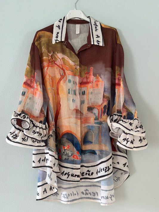 Blus ”France” med volangärmar - Burgundi/Kaki/Brun/Rosa/Blå